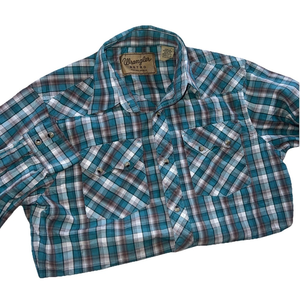 Wrangler Retro Western Shirt BOY XL 14-16 Plaid‎ Sawtooth Pearl Snaps  Cowboy